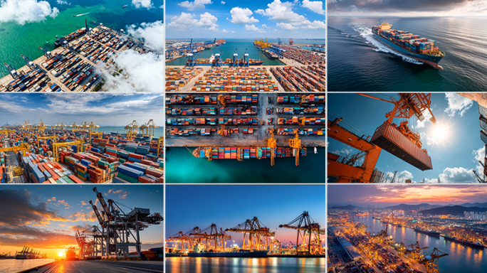 港口码头集装箱货船海运贸易航拍延时