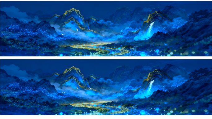 克莱因蓝鎏金山水动态背景国风山水无缝循环