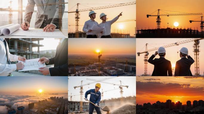 建筑施工地城市建设工程日落吊塔吊建造工人