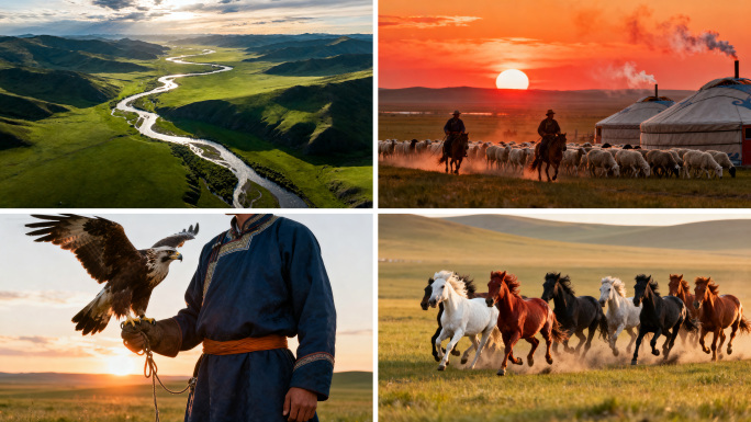 航拍内蒙古呼伦贝尔大草原风光河流羊群马群
