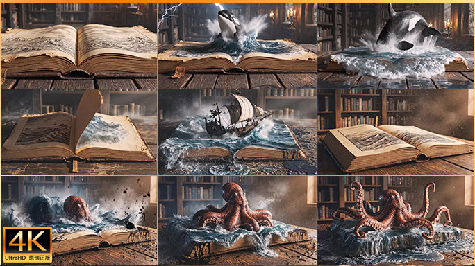 魔幻书里奇幻海洋 书本风暴帆船超现实童话