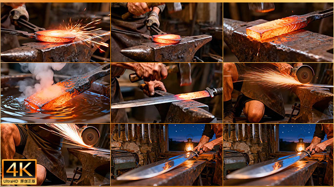 铁匠锻造钢铁火花 千锤百炼 生铁淬火锻打