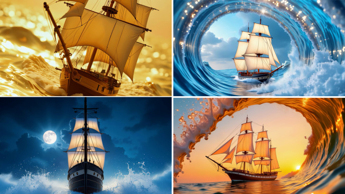 帆船乘风破浪扬帆启航海浪翻滚巨浪拍打船头