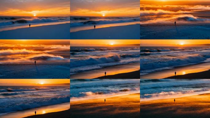 海浪夕阳唯美景色海边日落孤独背影