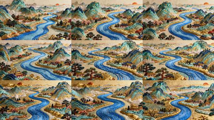 青绿山水古风刺绣锦绣山河刺绣画卷