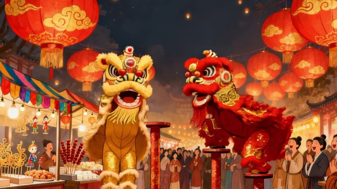 国潮舞狮/元宵舞狮庆佳节 热闹庙会中国年