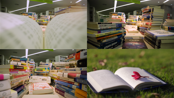 书本堆叠 微距镜头 草地翻书 4K