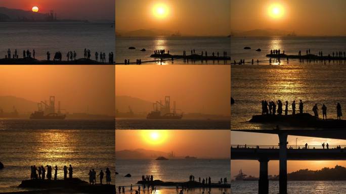 海边日落剪影人群