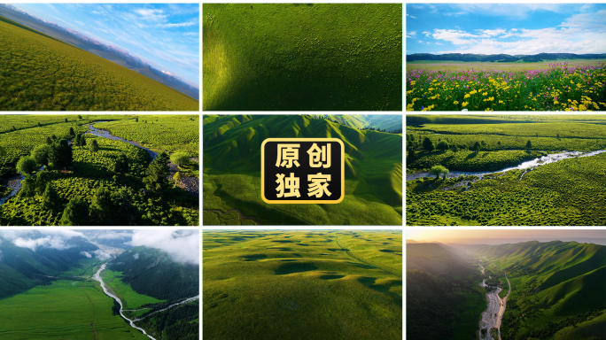 草原风光合集新疆航拍河流山脉绿色自然风景