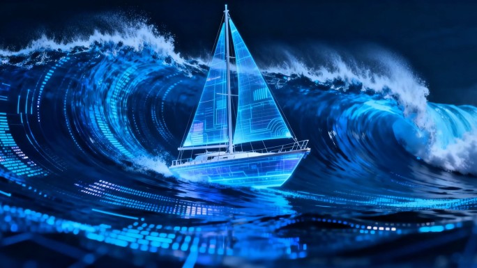 数字海洋蓝色科技感全息大海帆船数据浪潮
