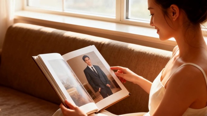 阳光房间看照片的女人