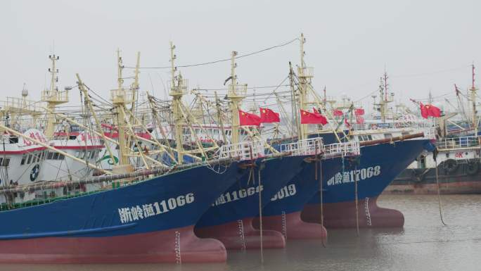 浙江台州温岭码头渔船群红旗飘扬景观