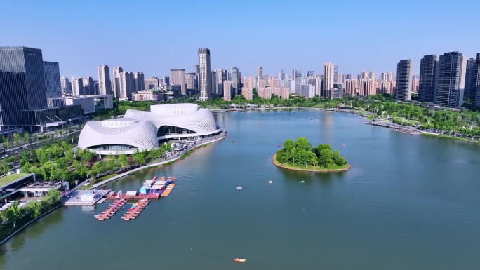 杭州市钱塘区金沙湖公园白天夜景航拍
