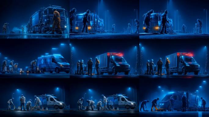 工程车辆夜间维护场景夜间道路施工抢修作业