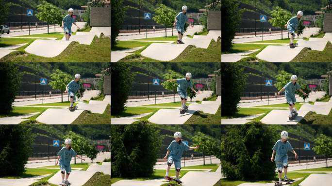 年轻女孩在风景如画的城市公园里滑板。