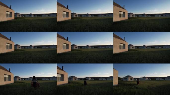 草原上的白色房子与奔跑女孩