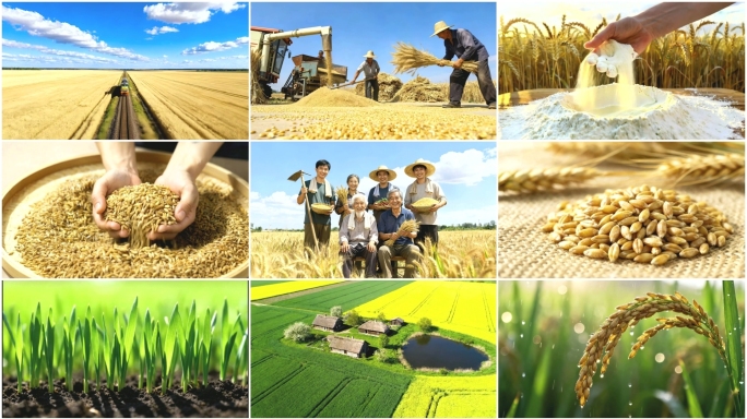 小麦麦田丰收农业丰收收割机播种金色麦浪