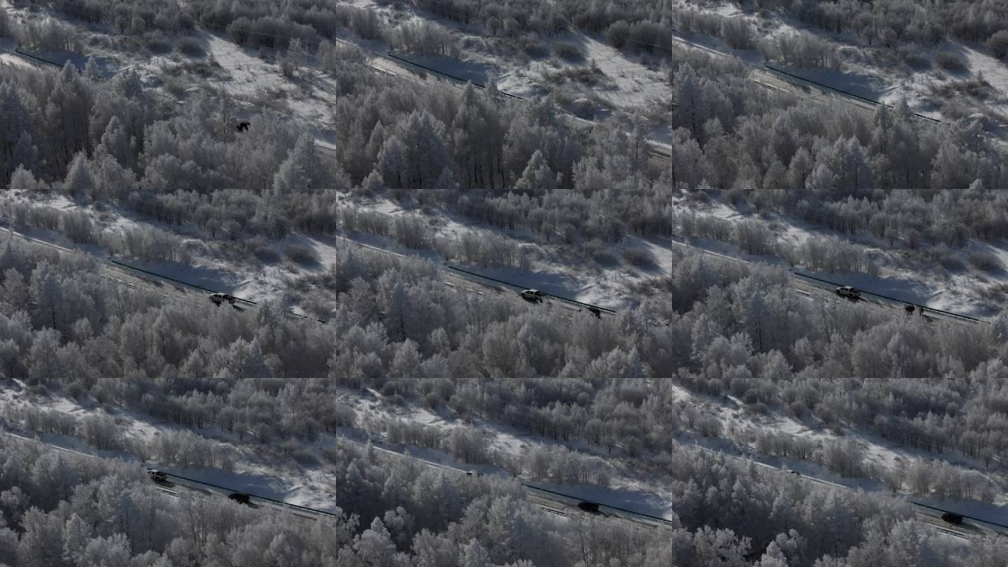 航拍雪原公路冬景