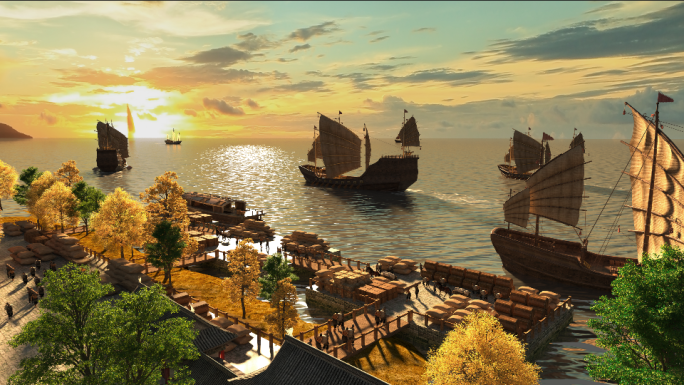 4K古代街市港口码头搬运工三维动画