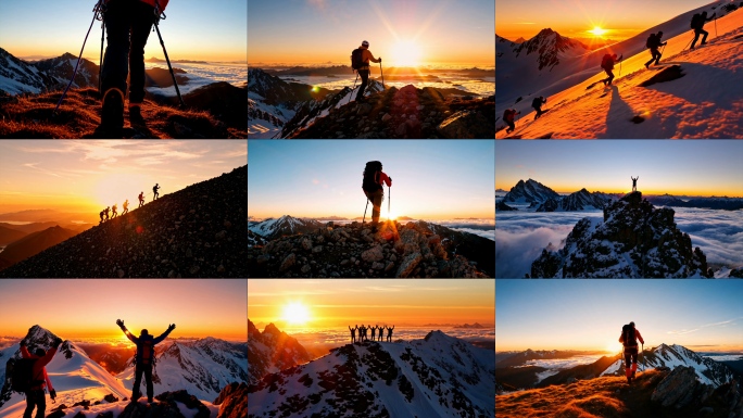 团队登山剪影攀登顶峰励志协作精神