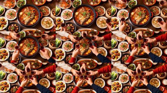 团圆饭举杯庆祝场景 中式宴席美食大聚餐