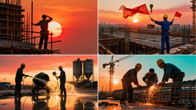 工人建筑工地作业建设施工日落夕阳塔吊剪影