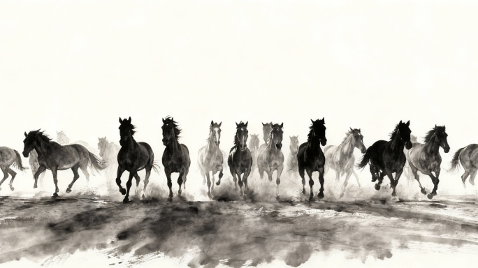 中国风水墨万马奔腾骏马奔马大气视频素材