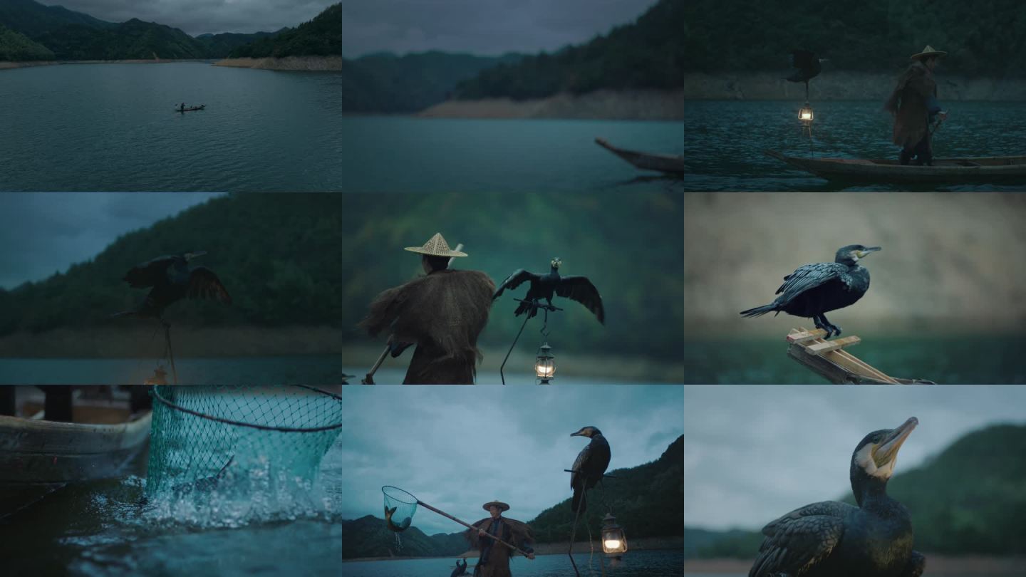 4K 渔舟唱晚渔民鸬鹚捕鱼 山水间的渔火