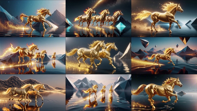 金色骏马奔腾马年年会开场金马迎春金色马群