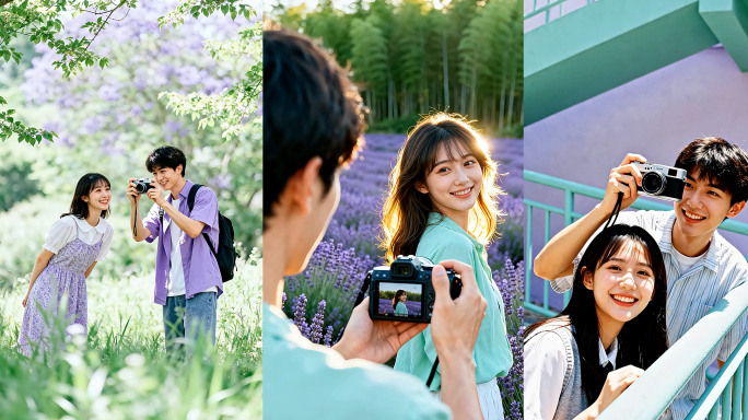 清新唯美文艺帅哥美女校园情侣拍照竖版视频