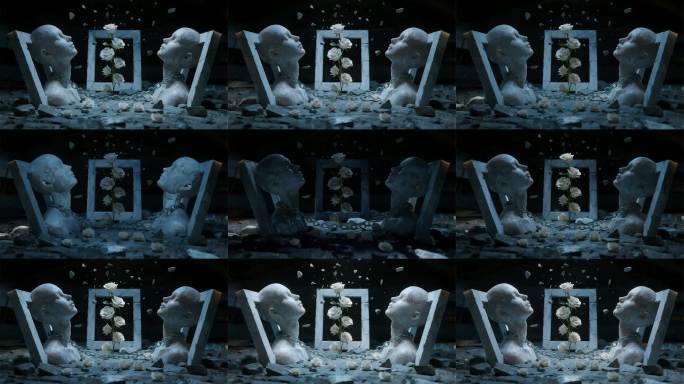 破碎场景中的雕塑人像