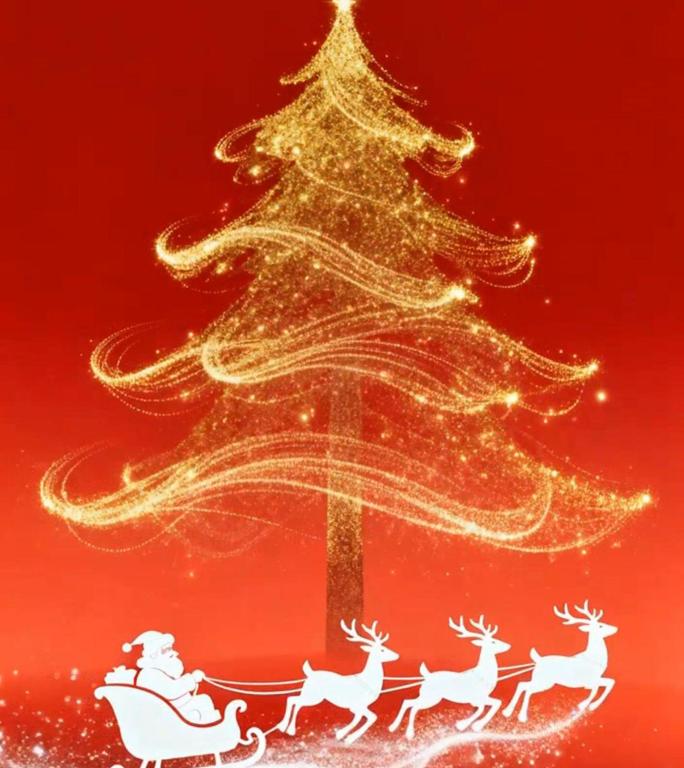 金色圣诞树动态背景圣诞雪橇驯鹿红金特效