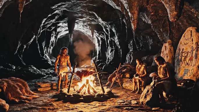 原始人钻木取火场景
