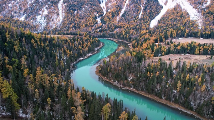 新疆阿勒泰喀纳斯河 秋景山林蜿蜒河流