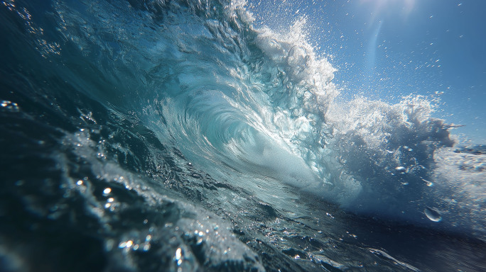 阳光下水花飞溅海浪冲击特写