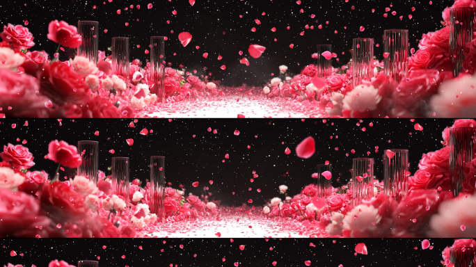 8k唯美浪漫玫瑰花海花瓣飘落舞台背景