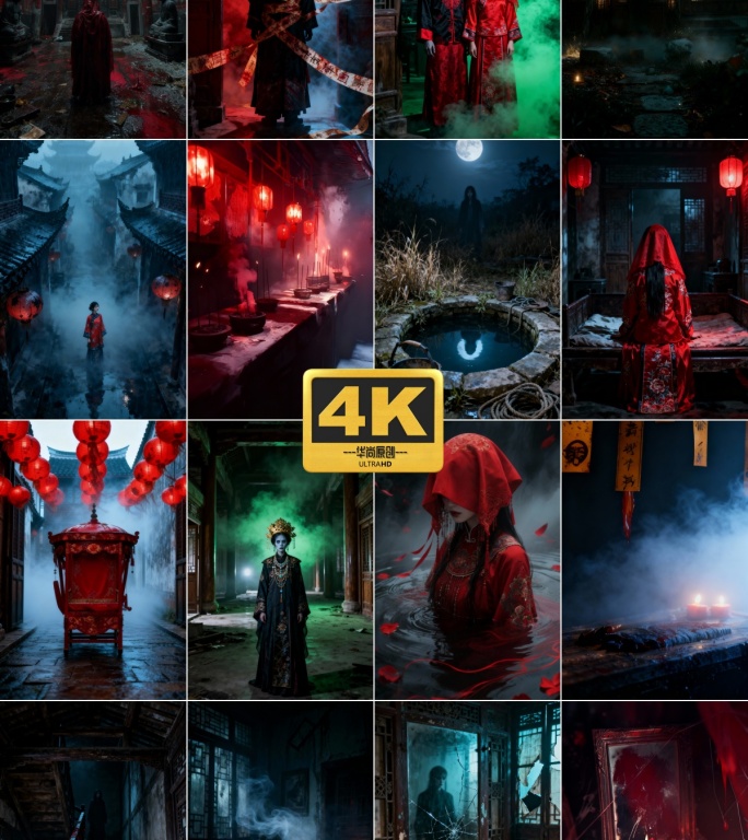 4k竖屏阴森中式恐怖古宅冥婚场景