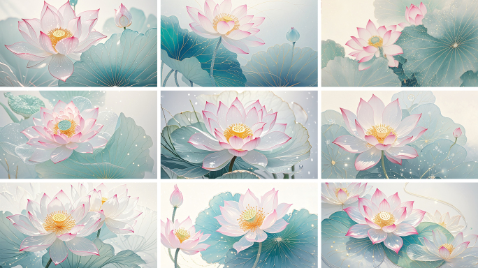 国风水墨荷花绽放 粉白荷花荷叶池塘