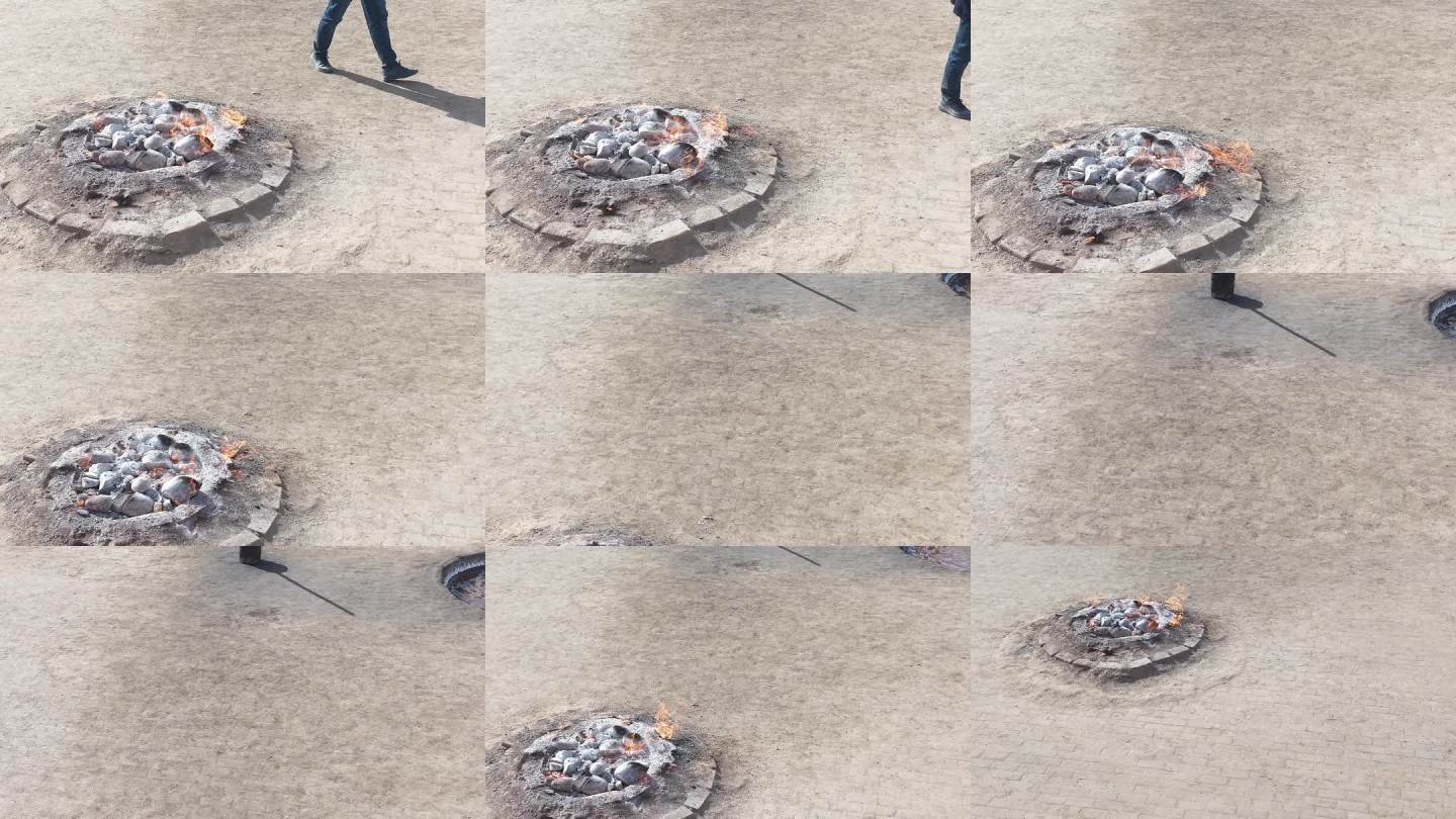 户外炭火盆燃烧场景