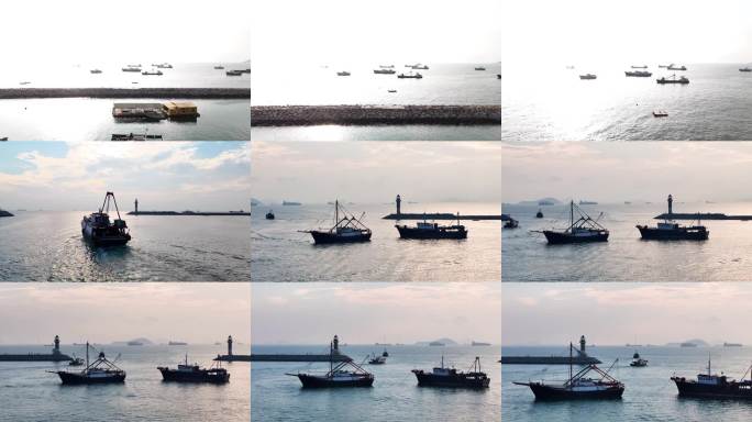 桂山岛落日 渔船落日 灯塔