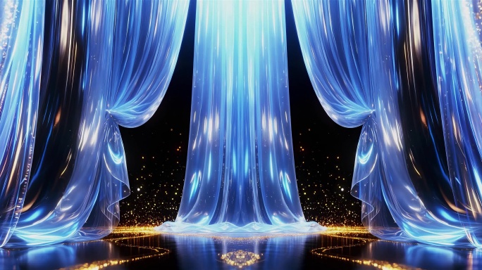梦幻光效蓝色帷幔绸缎飘动唯美舞台背景KV
