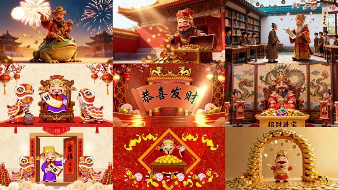 新年舞狮烟花喜庆财神贺岁恭喜发财