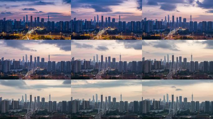 中国广州鹤洞大桥城市天际线日出延时摄影