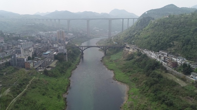 航拍山水河道景观遵义播州