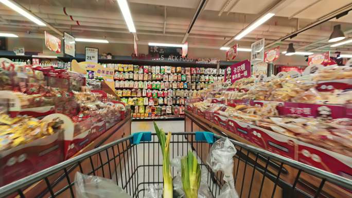 超市购物手推车第一视角延时摄影