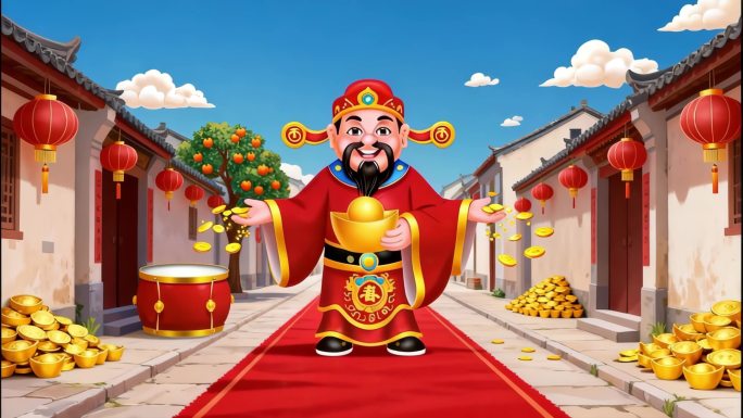 新年舞狮贺岁素材财神送福喜庆视频