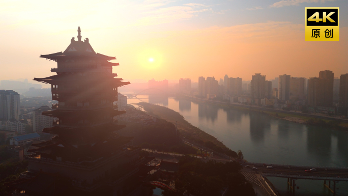 航拍绵阳地标越王楼