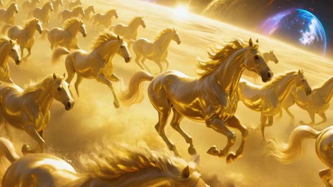 震撼金色万马奔腾马年骏马开场视频