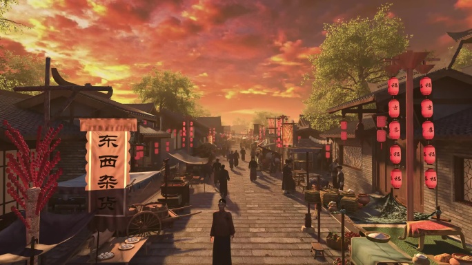 4K三维动画古代集市商业街