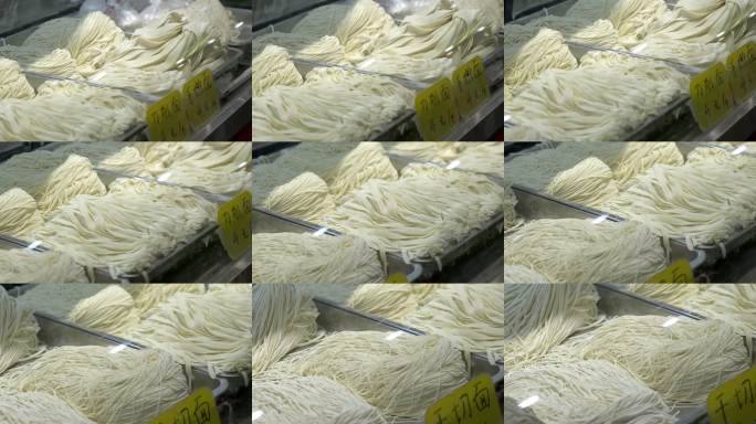 市场各种面条展示手工面条刀削面手擀面售卖